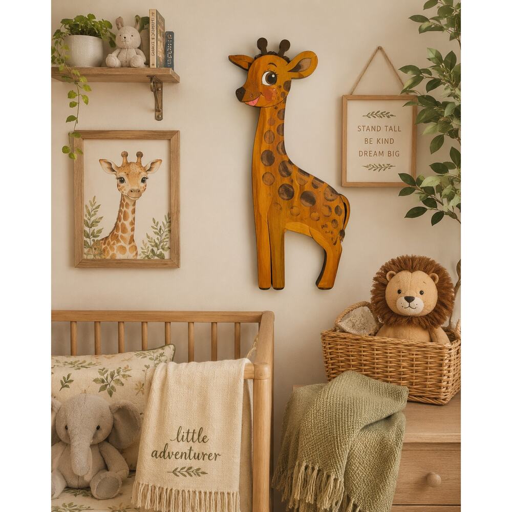 Vintage Wooden Giraffe Wall Hanging Hand Painted Nursery Folk Art Texas 23"